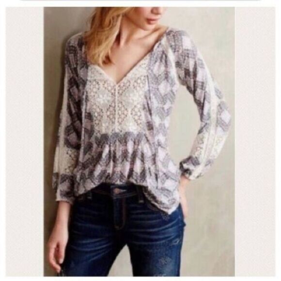 Anthropologie Porridge Bohemian Lace & Aztec Print top, NWT - Picture 1 of 8